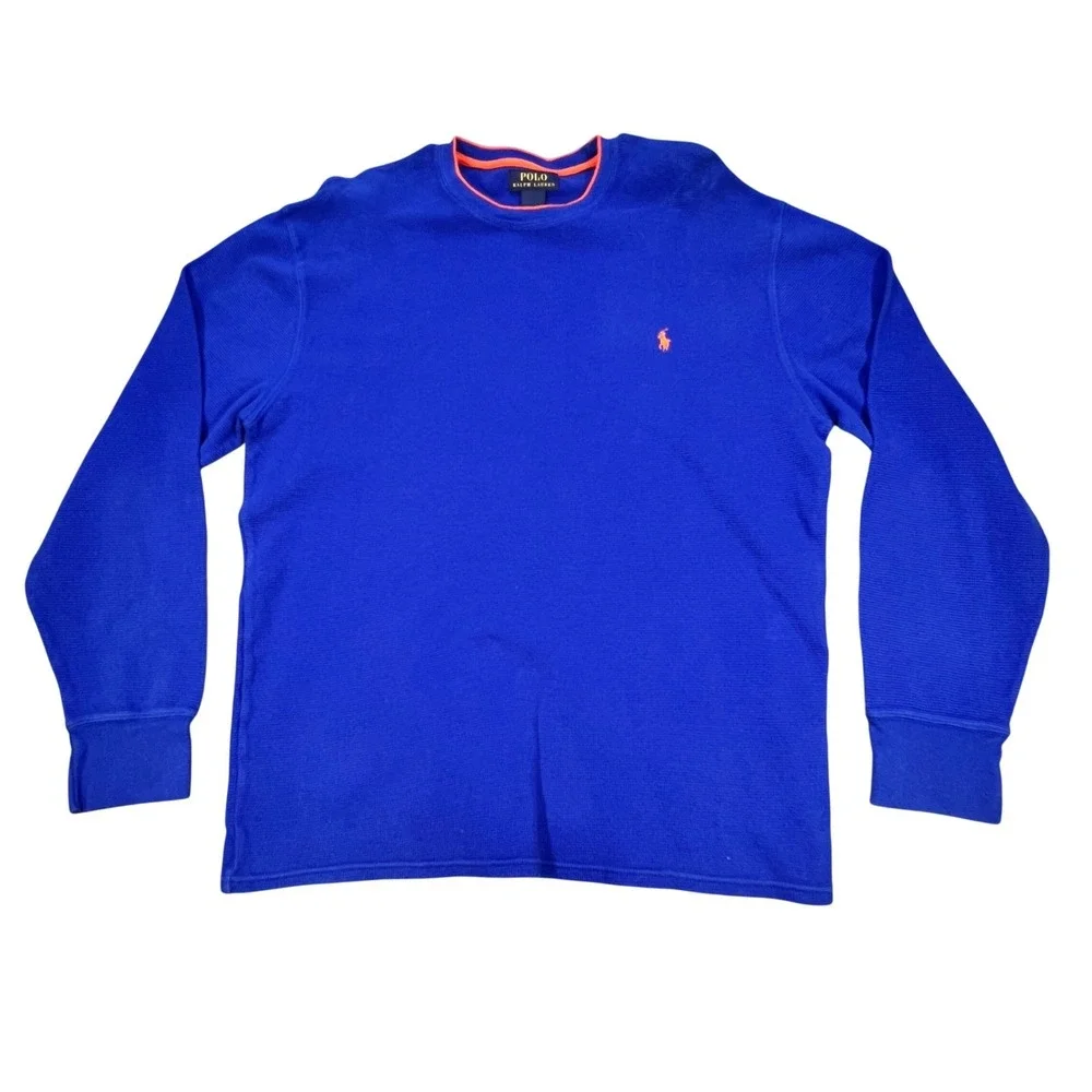 Polo Ralph Lauren Blue Orange Ringer Waffle Knit Thermal Shirt Mens XL